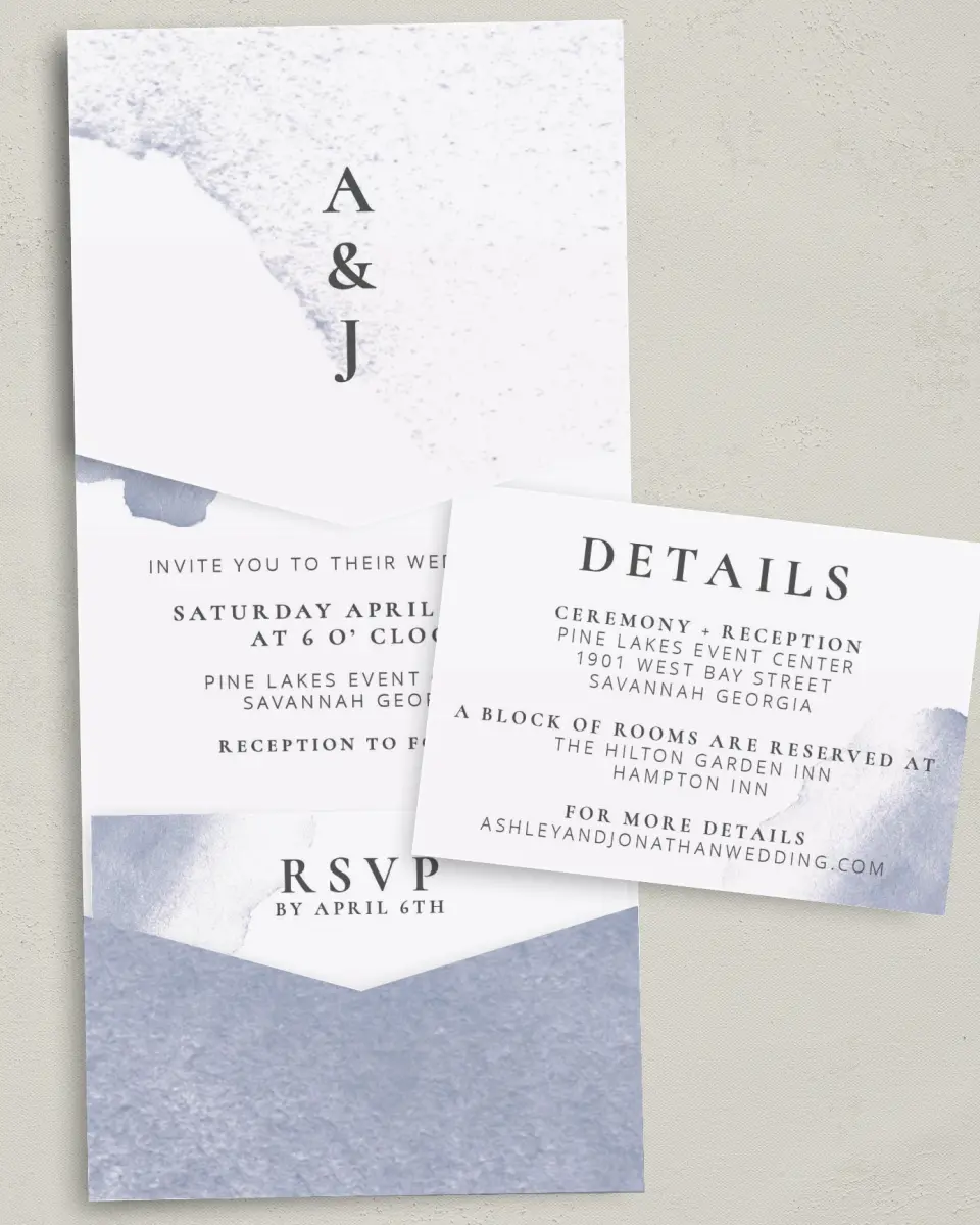 This is a 5¼" x 7¼" Folded Pocket Wedding Invitation called Stroke of Luck printed in full color with Gold foil on Luxe Satin (coated) paper