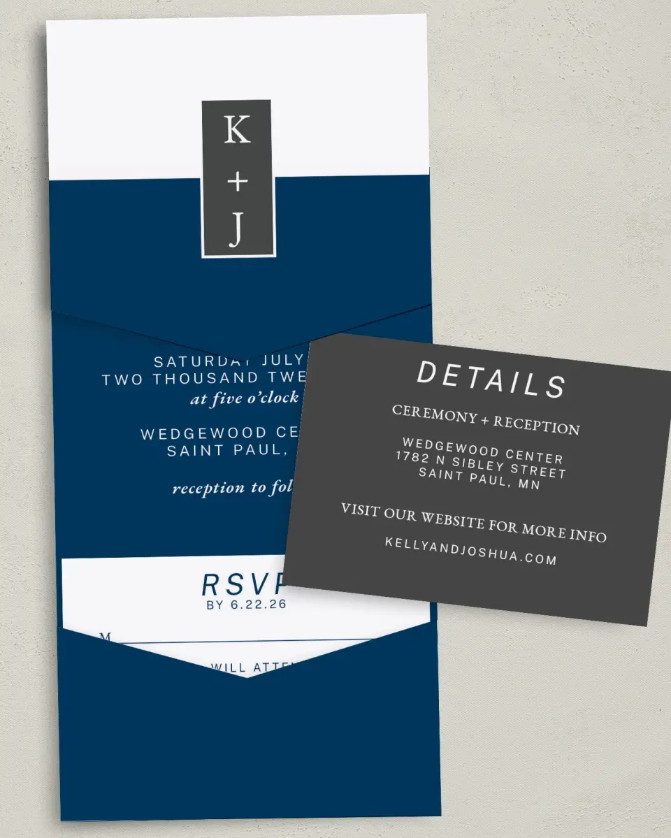 This is a 5¼" x 7¼" Folded Pocket Wedding Invitation called Best Wedding Ever printed in full color with Gold foil on Luxe Satin (coated) paper