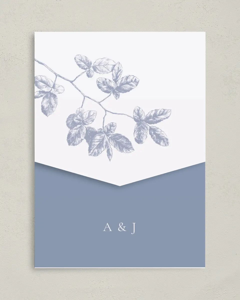 This is a 5¼" x 7¼" Folded Pocket Wedding Invitation called Leafy Elegance printed in full color on Premium Smooth paper
