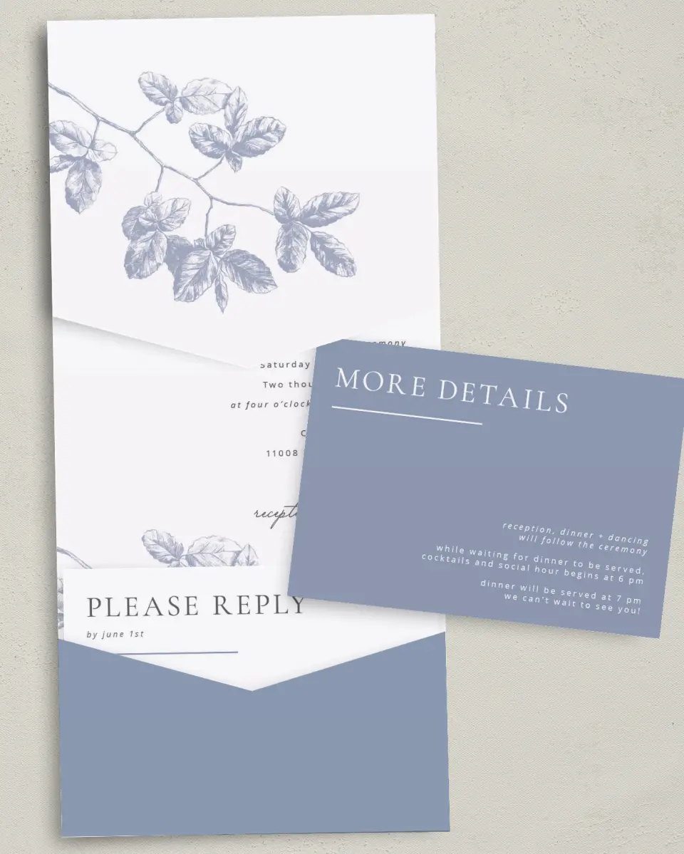 This is a 5¼" x 7¼" Folded Pocket Wedding Invitation called Leafy Elegance printed in full color on Premium Smooth paper