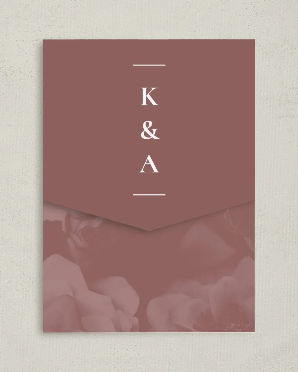 This is a 5¼" x 7¼" Folded Pocket Wedding Invitation called Blushing Beauty printed in full color with Gold foil on Luxe Satin (coated) paper