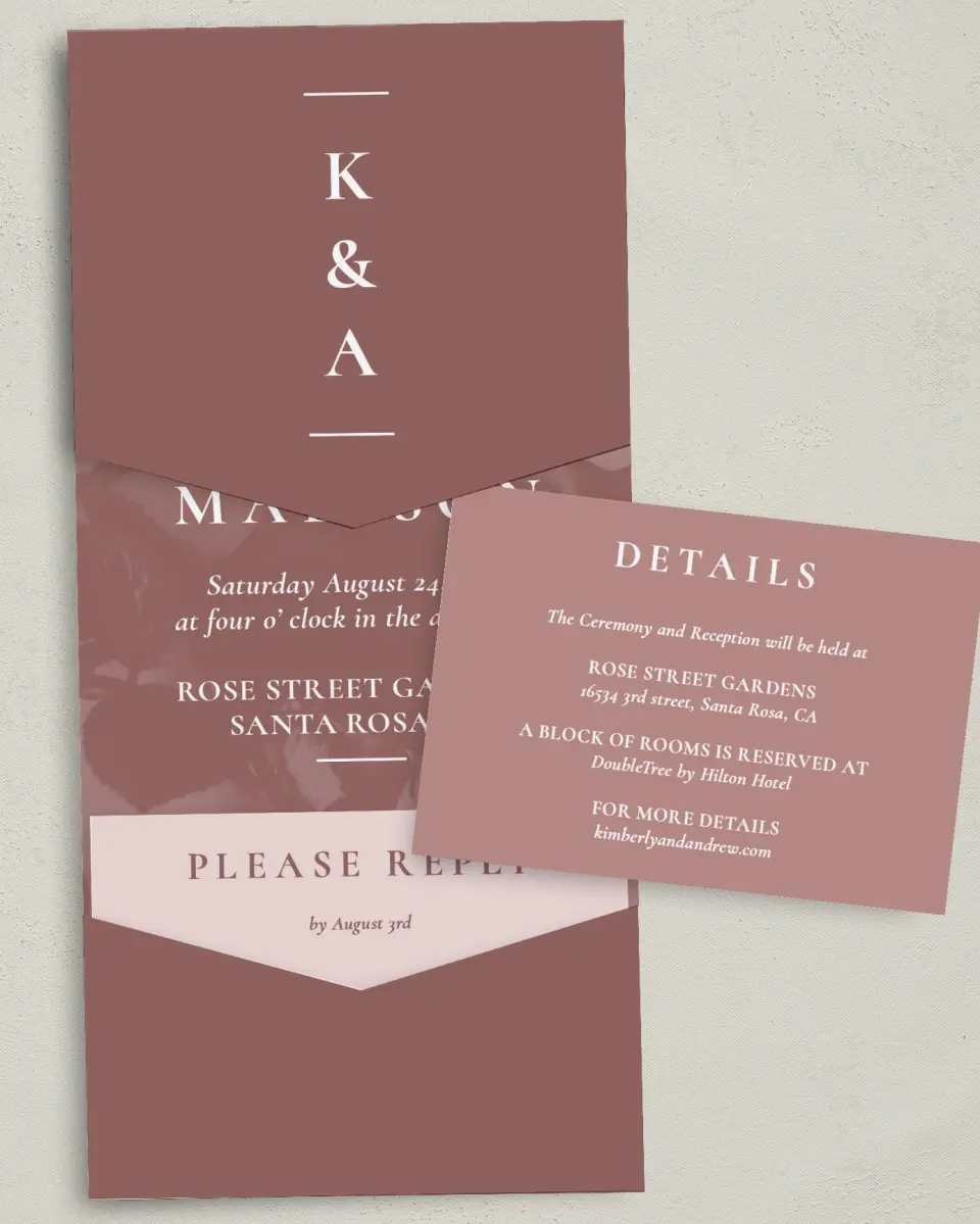 This is a 5¼" x 7¼" Folded Pocket Wedding Invitation called Blushing Beauty printed in full color with Gold foil on Luxe Satin (coated) paper