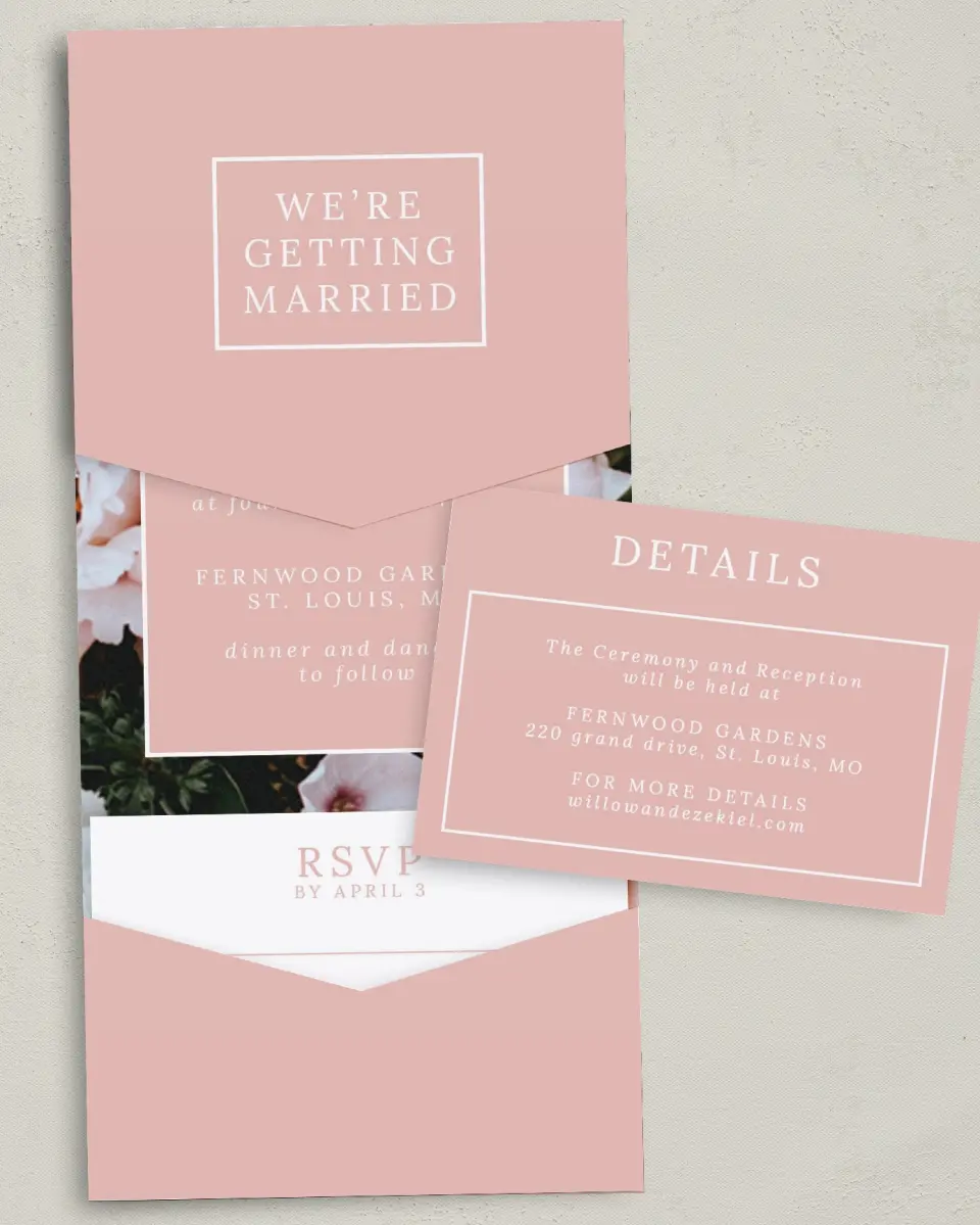 This is a 5¼" x 7¼" Folded Pocket Wedding Invitation called Fantasia Garden printed in full color with Gold foil on Luxe Satin (coated) paper