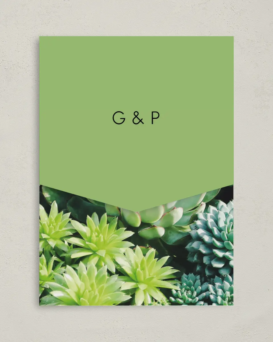This is a 5¼" x 7¼" Folded Pocket Wedding Invitation called Sophisticated Succulents printed in full color on Premium Smooth paper