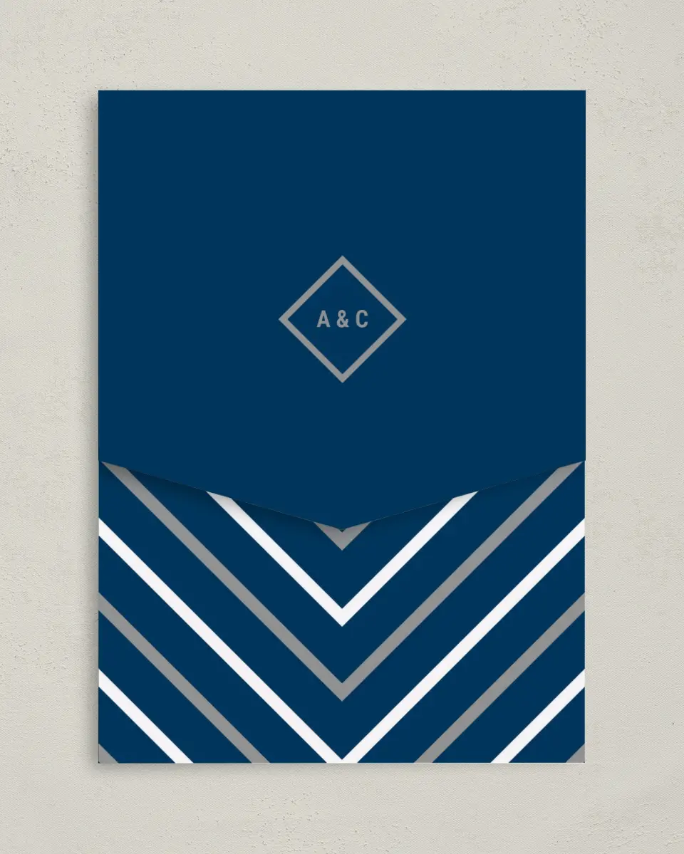 This is a 5¼" x 7¼" Folded Pocket Wedding Invitation called Posh Chevron printed in full color on Premium Smooth paper