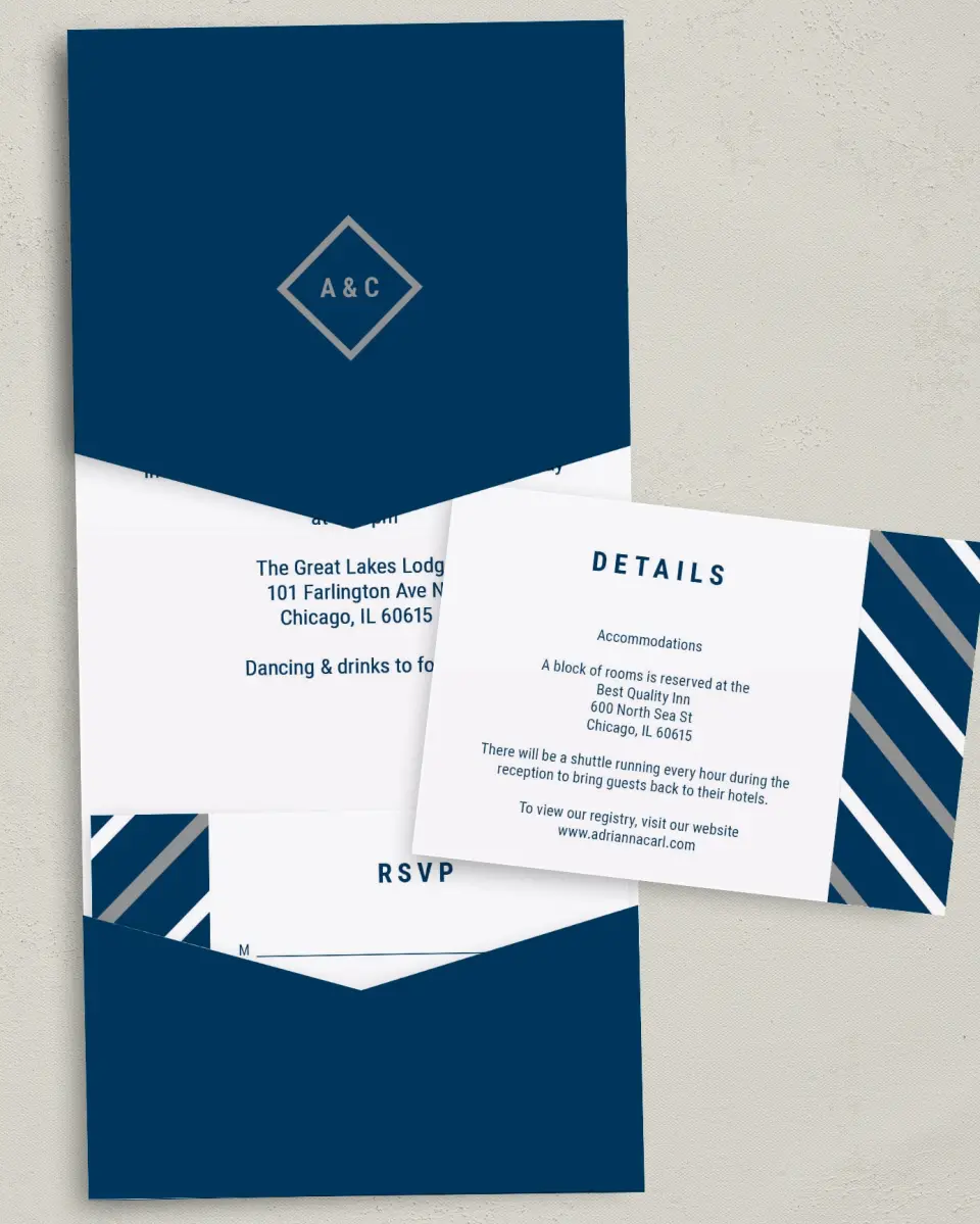 This is a 5¼" x 7¼" Folded Pocket Wedding Invitation called Posh Chevron printed in full color with Gold foil on Luxe Satin (coated) paper