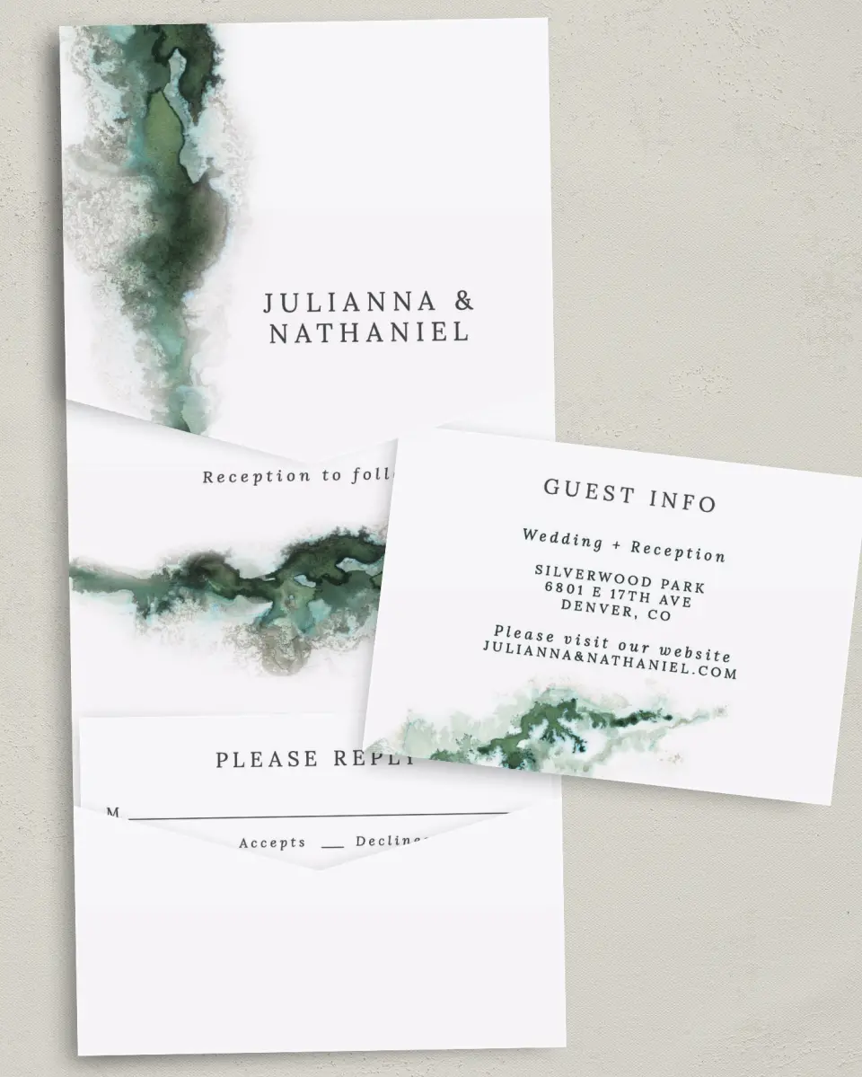 This is a 5¼" x 7¼" Folded Pocket Wedding Invitation called Ethereal Pool printed in full color with Gold foil on Luxe Satin (coated) paper