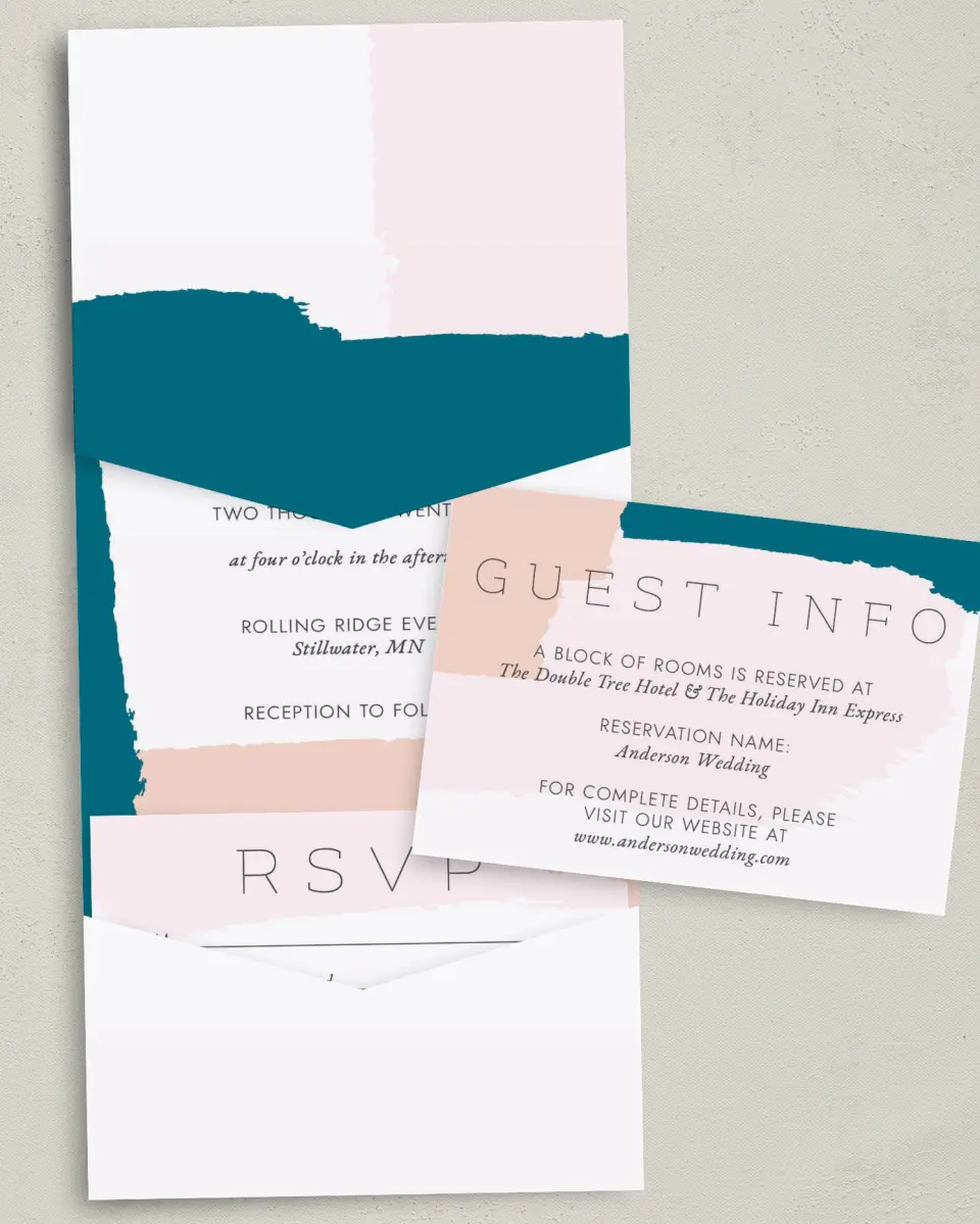 This is a 5¼" x 7¼" Folded Pocket Wedding Invitation called Bold Brushstrokes printed in full color with Gold foil on Luxe Satin (coated) paper