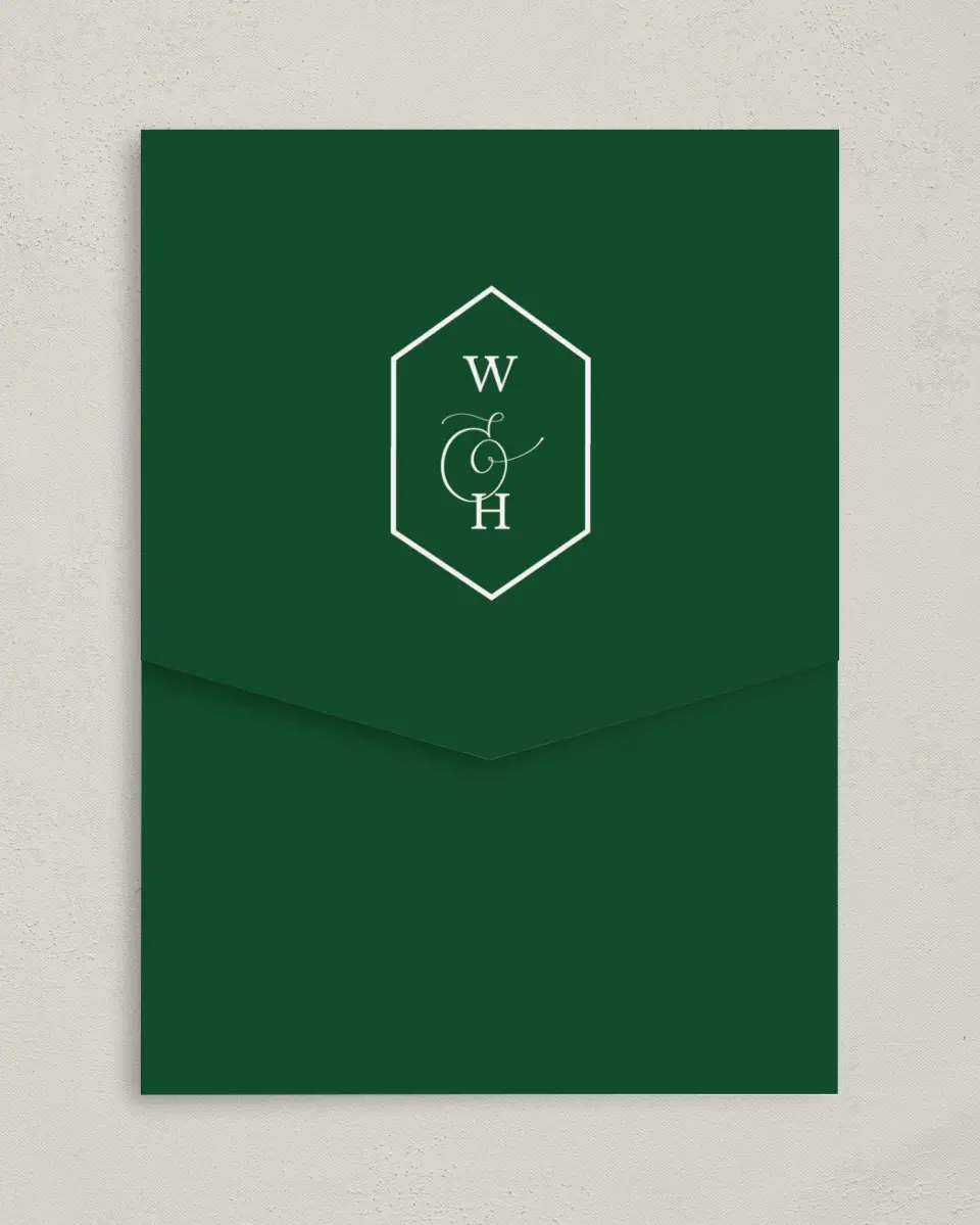 This is a 5¼" x 7¼" Folded Pocket Wedding Invitation called Wispy Greenery printed in full color on Premium Smooth paper