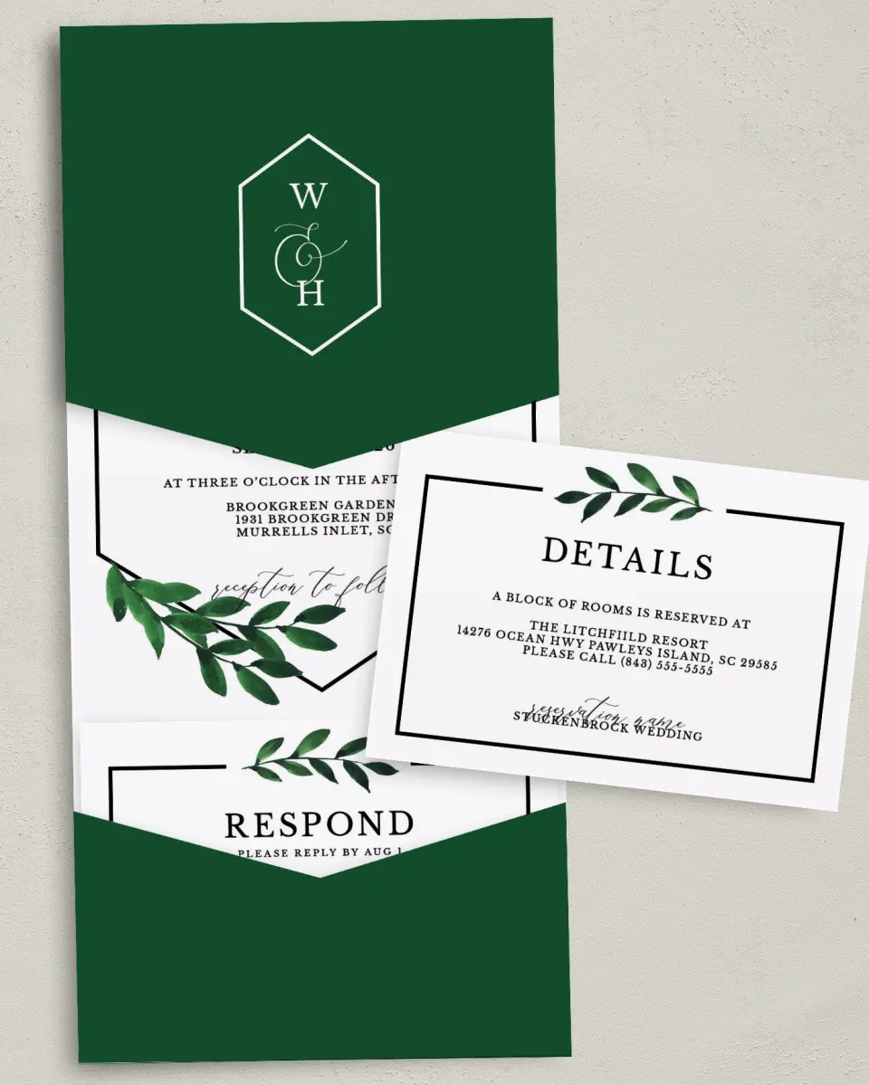 This is a 5¼" x 7¼" Folded Pocket Wedding Invitation called Wispy Greenery printed in full color with Gold foil on Luxe Satin (coated) paper