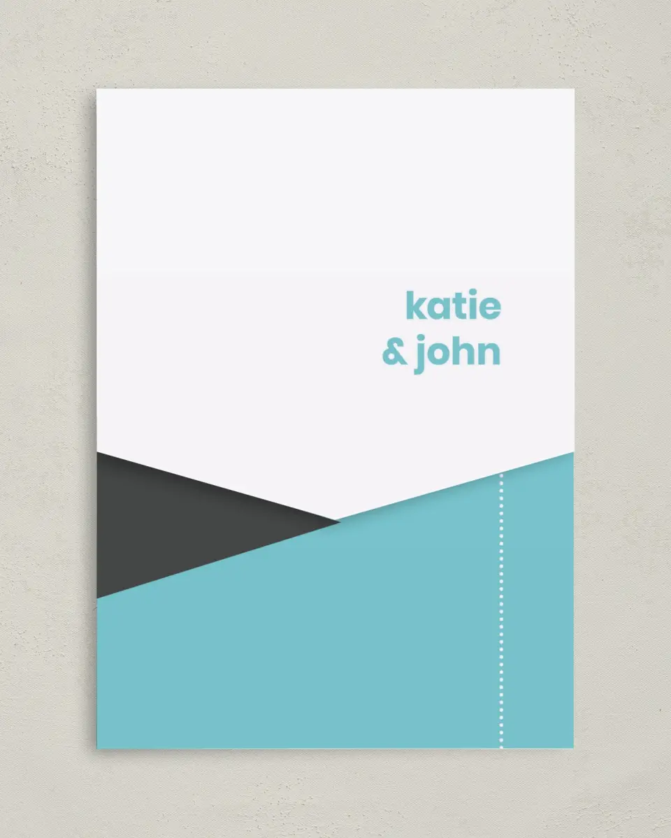 This is a 5¼" x 7¼" Folded Pocket Wedding Invitation called Mod Blocks printed in full color on Premium Smooth paper