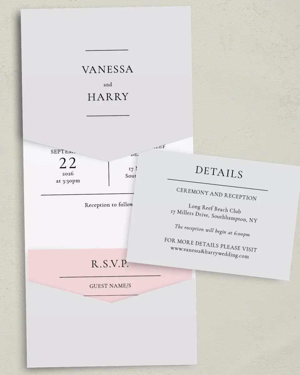 This is a 5¼" x 7¼" Folded Pocket Wedding Invitation called Lovely Blush printed in full color with Gold foil on Luxe Satin (coated) paper