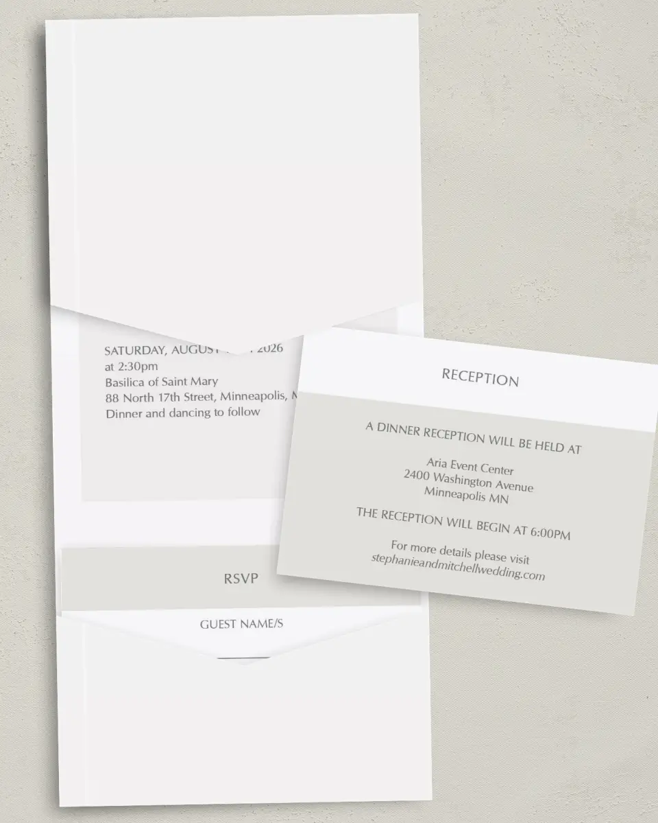 This is a 5¼" x 7¼" Folded Pocket Wedding Invitation called Exquisitely Simple printed in full color with Gold foil on Luxe Satin (coated) paper