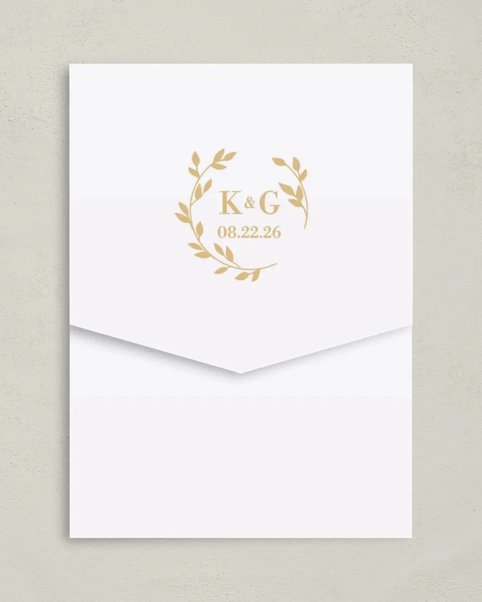 This is a 5¼" x 7¼" Folded Pocket Wedding Invitation called Charming Monogram printed in full color on Premium Smooth paper