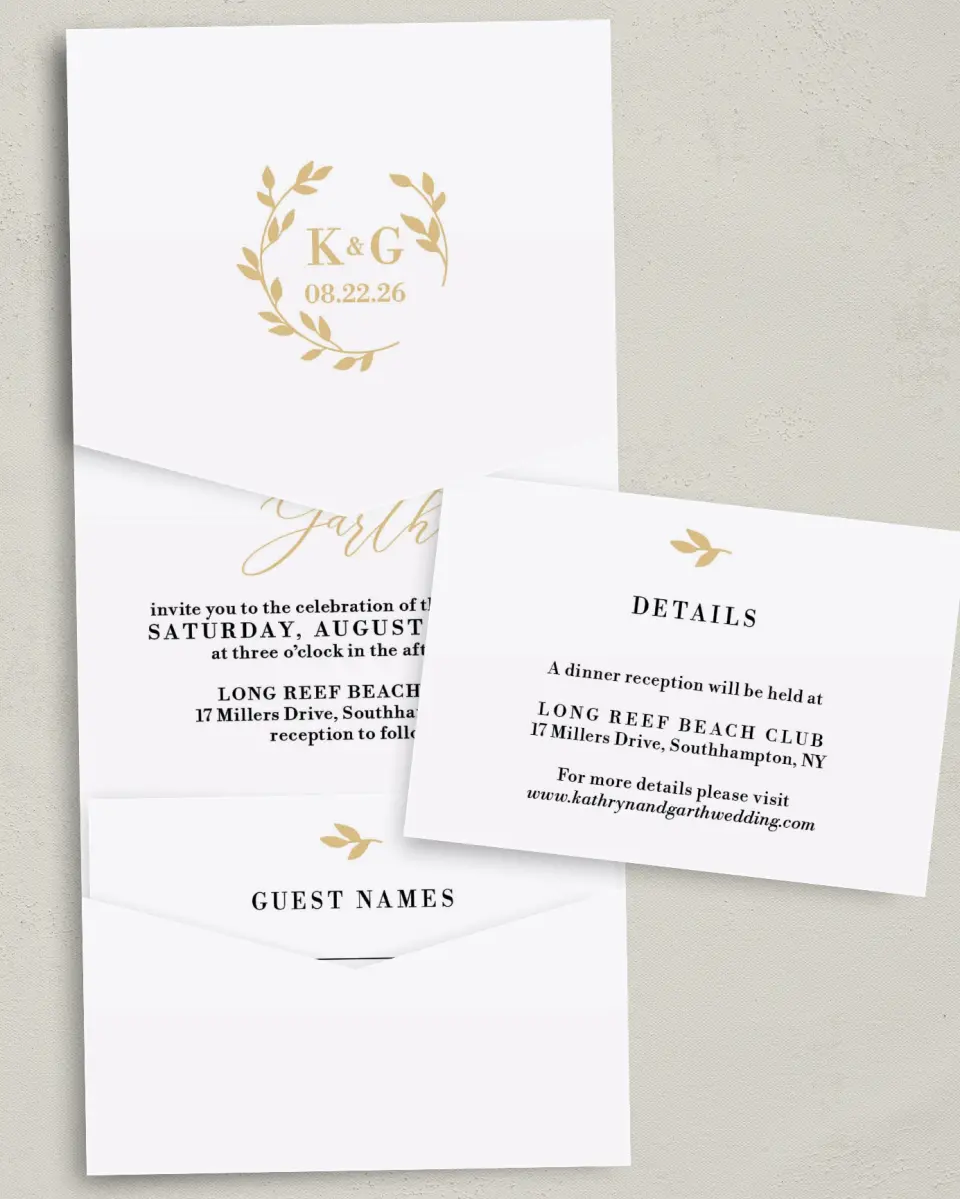 This is a 5¼" x 7¼" Folded Pocket Wedding Invitation called Charming Monogram printed in full color on Premium Smooth paper