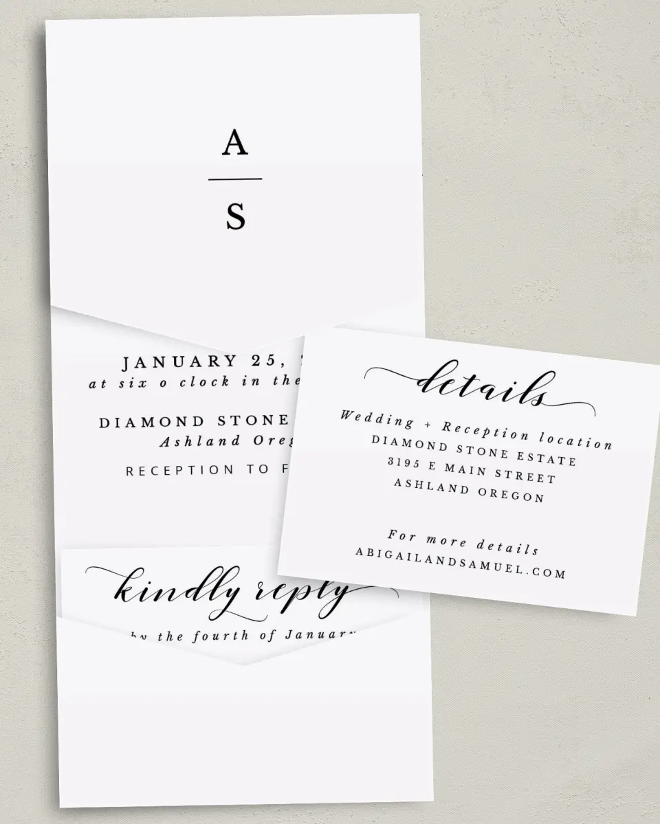 This is a 5¼" x 7¼" Folded Pocket Wedding Invitation called Timeless Eloquence printed in full color with Gold foil on Luxe Satin (coated) paper