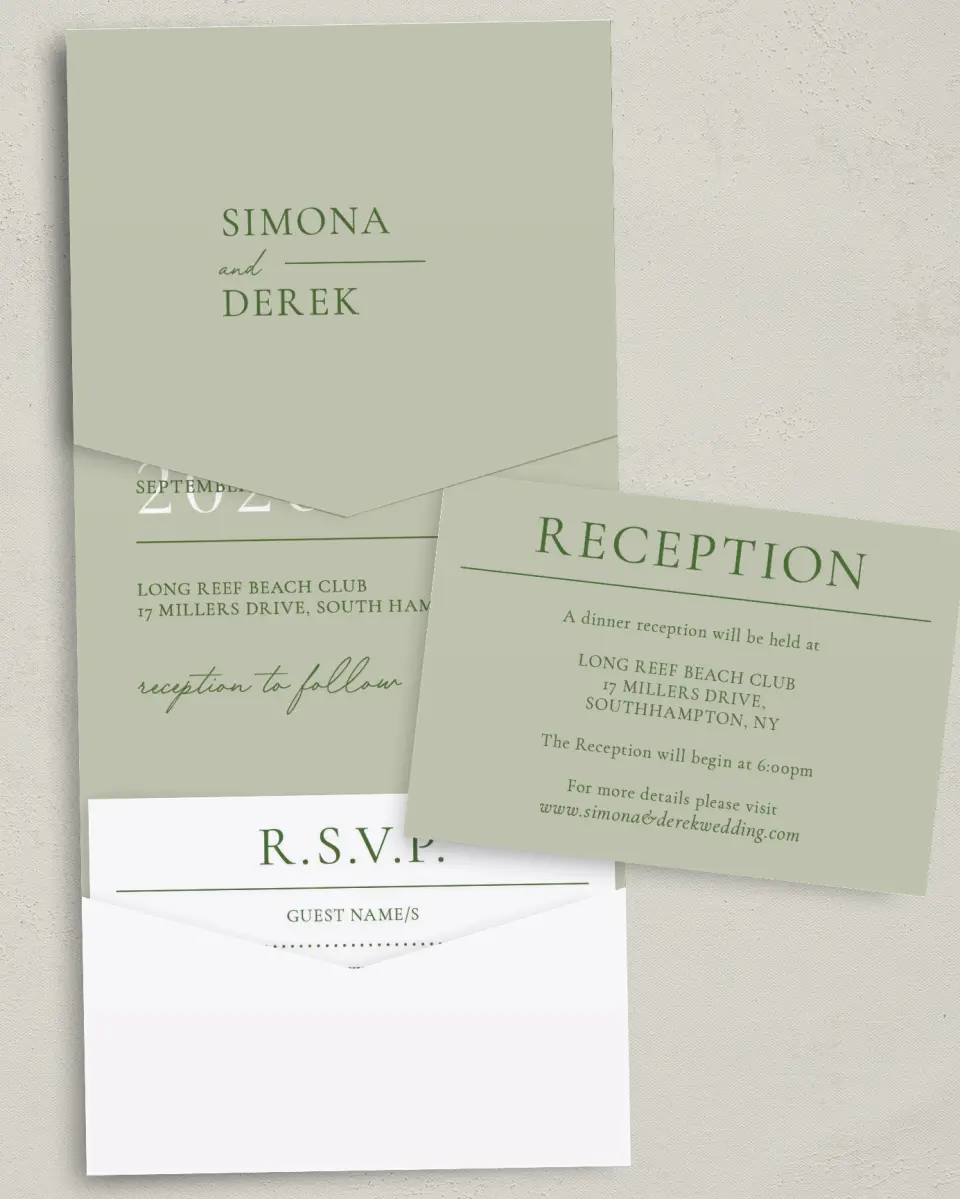 This is a 5¼" x 7¼" Folded Pocket Wedding Invitation called Rustic Grace printed in full color with Gold foil on Luxe Satin (coated) paper