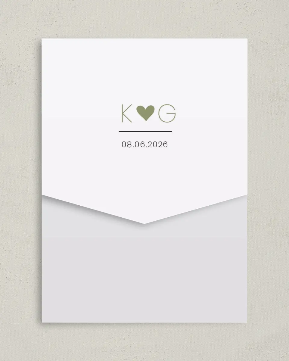 This is a 5¼" x 7¼" Folded Pocket Wedding Invitation called Heavenly Hearts printed in full color on Premium Smooth paper