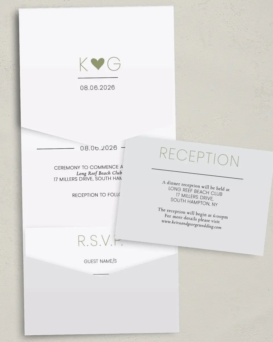 This is a 5¼" x 7¼" Folded Pocket Wedding Invitation called Heavenly Hearts printed in full color on Premium Smooth paper