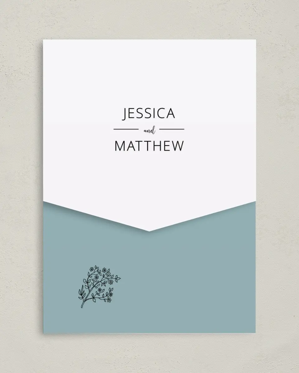 This is a 5¼" x 7¼" Folded Pocket Wedding Invitation called Cool Blooms printed in full color on Premium Smooth paper