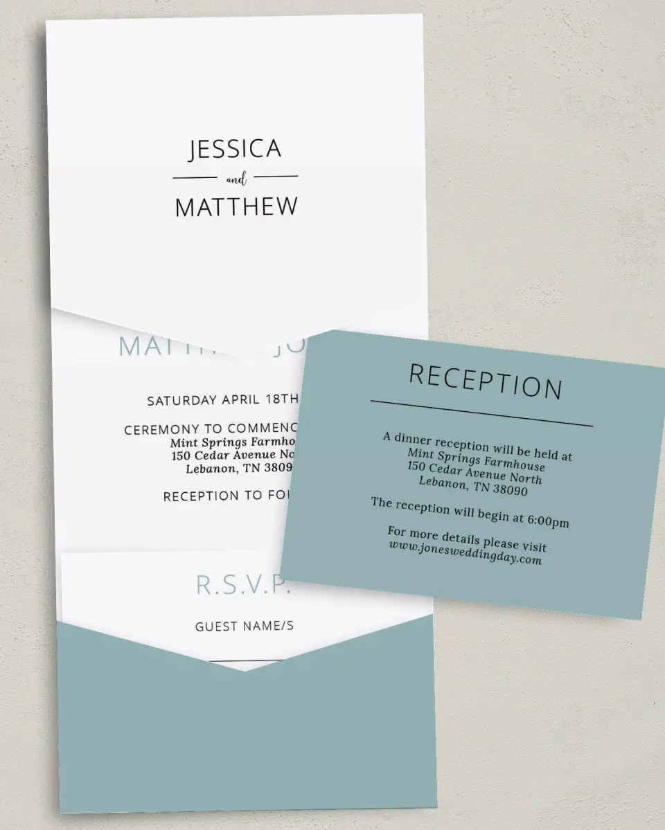 This is a 5¼" x 7¼" Folded Pocket Wedding Invitation called Cool Blooms printed in full color with Gold foil on Luxe Satin (coated) paper