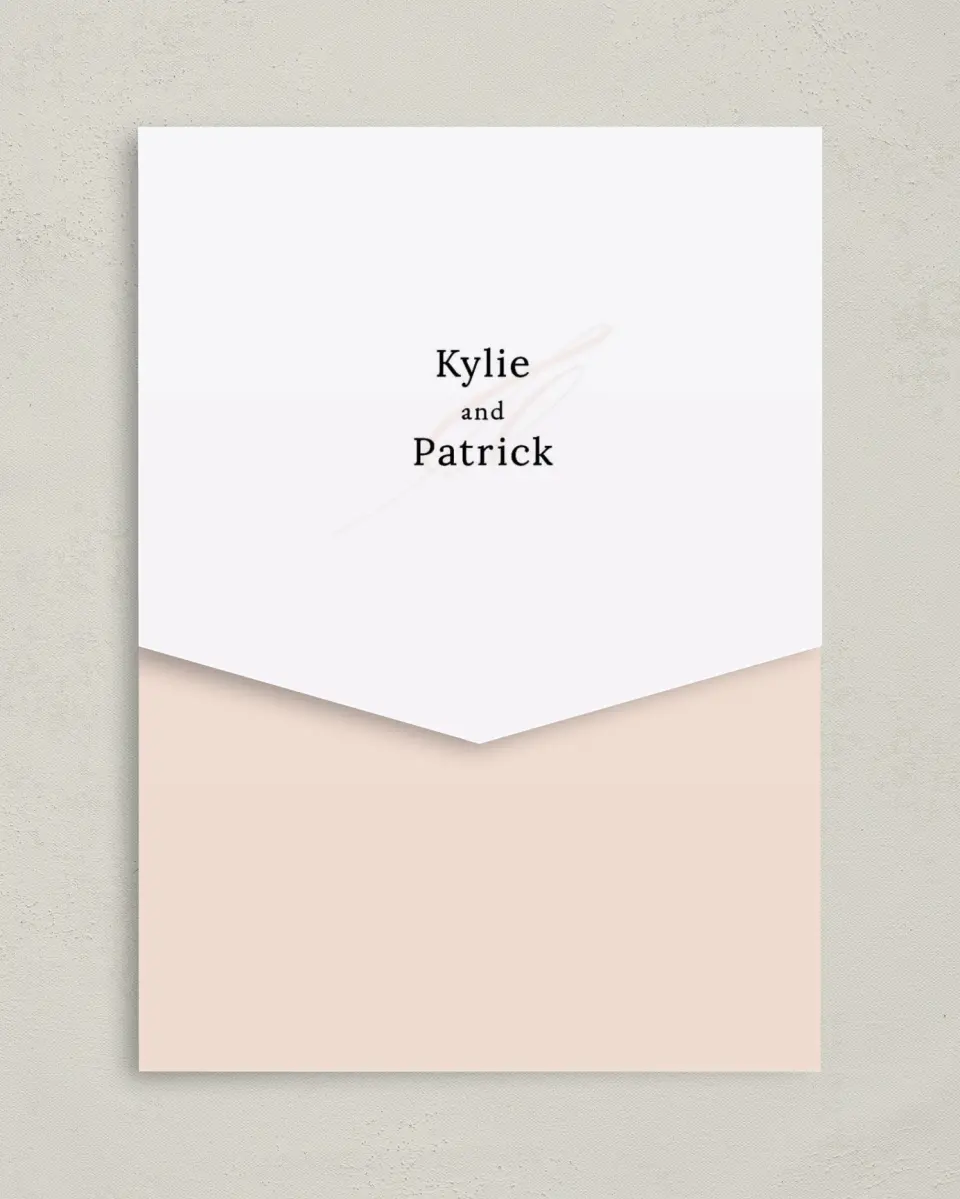 This is a 5¼" x 7¼" Folded Pocket Wedding Invitation called Love Sweet Love printed in full color on Premium Smooth paper
