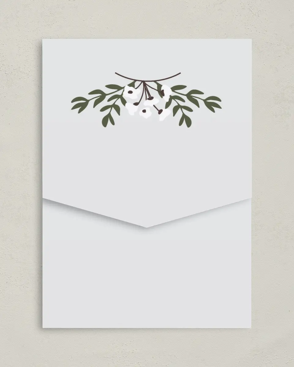 This is a 5¼" x 7¼" Folded Pocket Wedding Invitation called Floral Bliss printed in full color on Premium Smooth paper