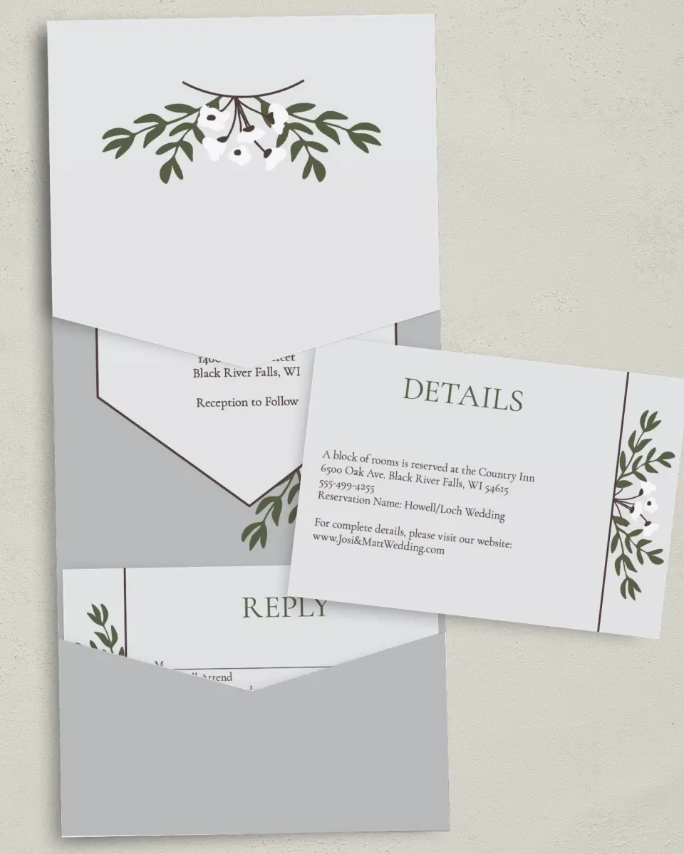 This is a 5¼" x 7¼" Folded Pocket Wedding Invitation called Floral Bliss printed in full color with Gold foil on Luxe Satin (coated) paper