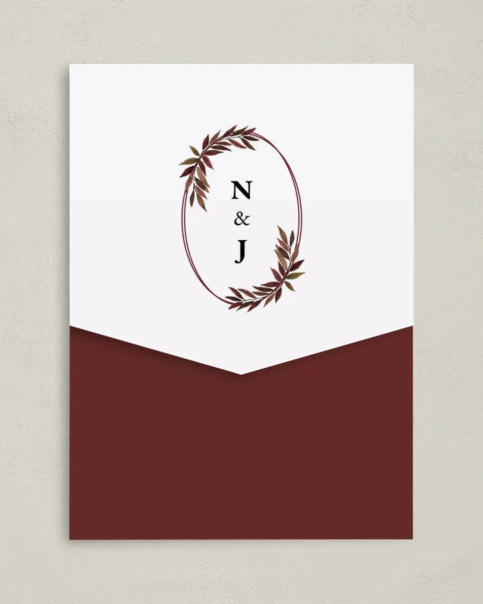This is a 5¼" x 7¼" Folded Pocket Wedding Invitation called Lavish Leaves printed in full color on Premium Smooth paper