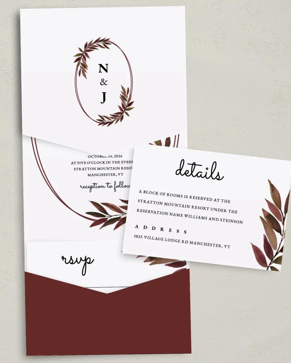 This is a 5¼" x 7¼" Folded Pocket Wedding Invitation called Lavish Leaves printed in full color on Premium Smooth paper