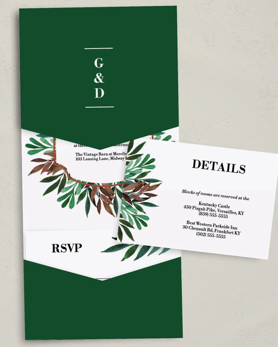 This is a 5¼" x 7¼" Folded Pocket Wedding Invitation called Graceful Frame printed in full color with Gold foil on Luxe Satin (coated) paper
