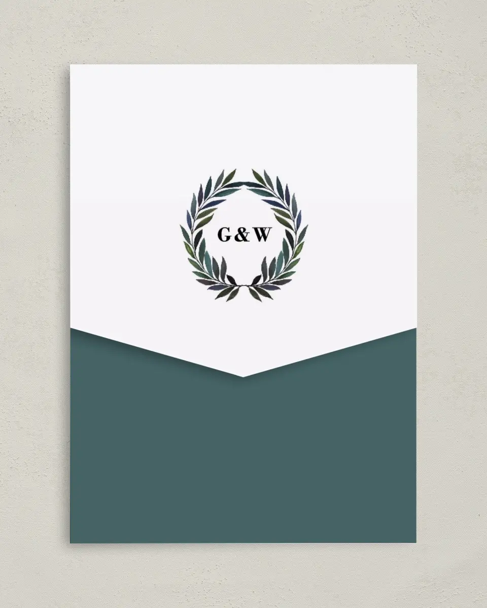 This is a 5¼" x 7¼" Folded Pocket Wedding Invitation called Laurel Crown printed in full color on Premium Smooth paper
