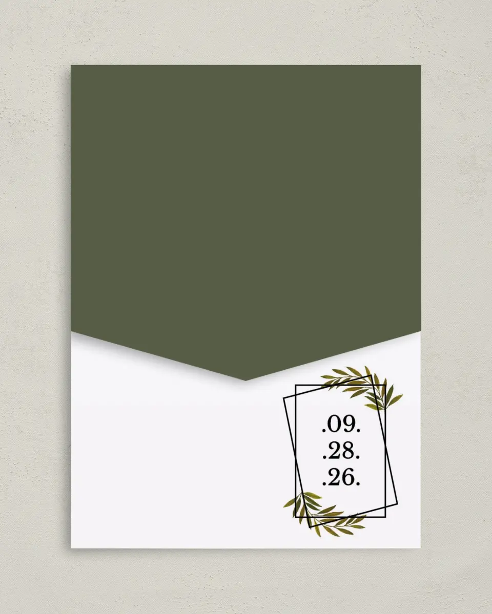 This is a 5¼" x 7¼" Folded Pocket Wedding Invitation called Gilded Sage printed in full color on Premium Smooth paper