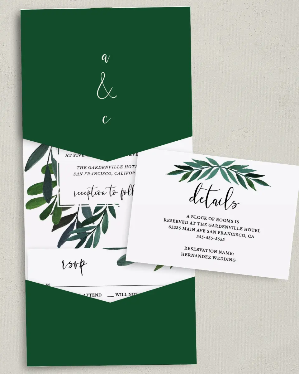 This is a 5¼" x 7¼" Folded Pocket Wedding Invitation called Painted Greens printed in full color with Gold foil on Luxe Satin (coated) paper