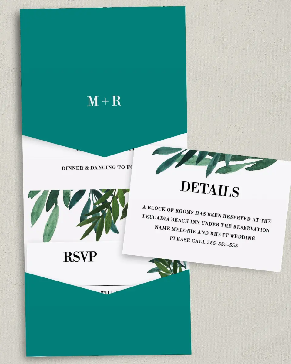 This is a 5¼" x 7¼" Folded Pocket Wedding Invitation called Sweet Eternity printed in full color with Gold foil on Luxe Satin (coated) paper