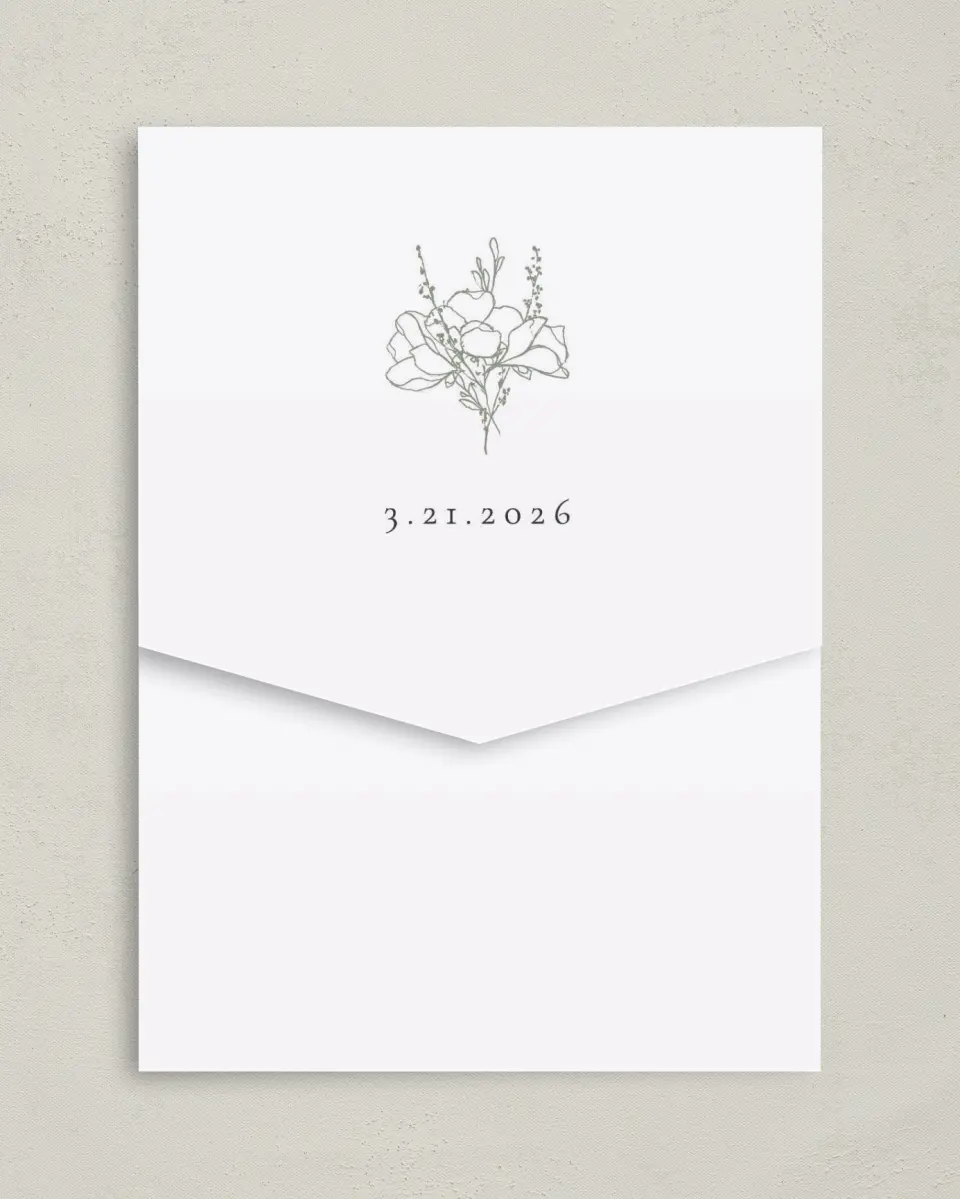 This is a 5¼" x 7¼" Folded Pocket Wedding Invitation called Poetic Bloom printed in full color on Premium Smooth paper