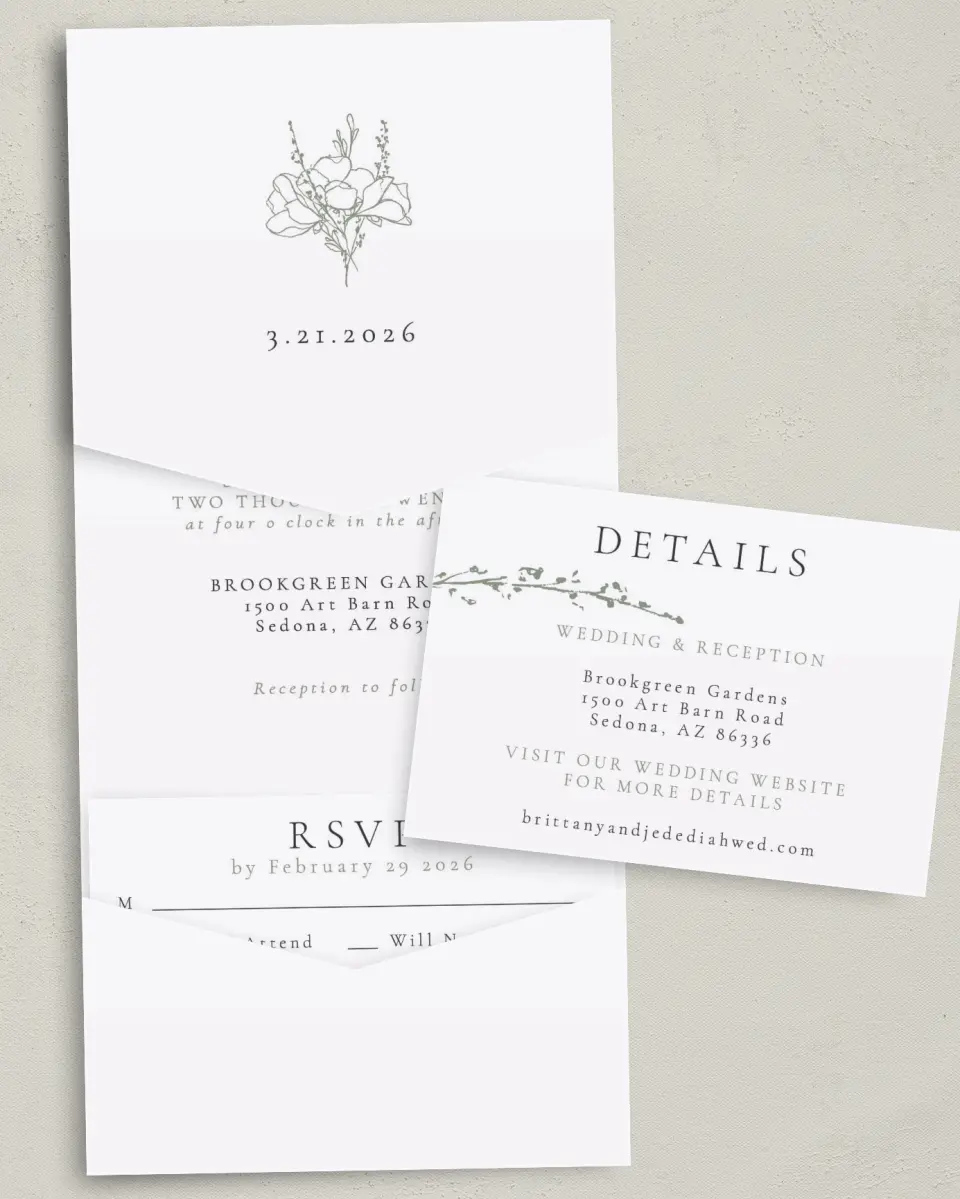 This is a 5¼" x 7¼" Folded Pocket Wedding Invitation called Poetic Bloom printed in full color with Gold foil on Luxe Satin (coated) paper