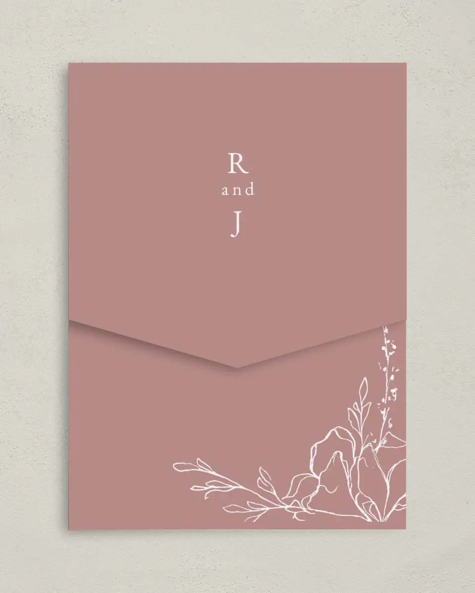 This is a 5¼" x 7¼" Folded Pocket Wedding Invitation called Blooming Rose printed in full color on Premium Smooth paper