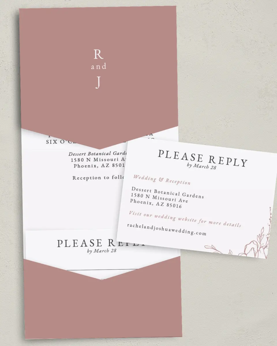 This is a 5¼" x 7¼" Folded Pocket Wedding Invitation called Blooming Rose printed in full color with Gold foil on Luxe Satin (coated) paper