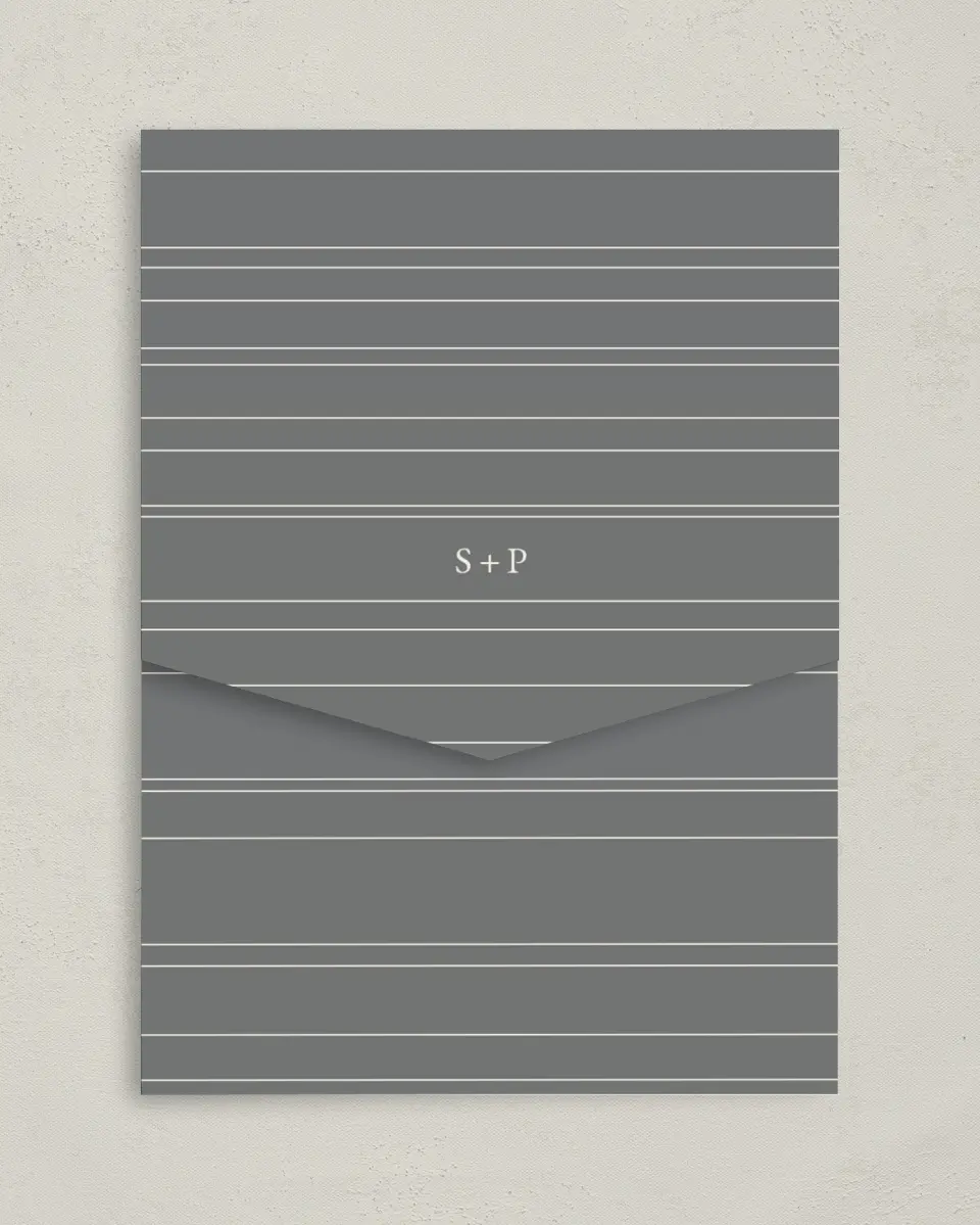 This is a 5¼" x 7¼" Folded Pocket Wedding Invitation called Harmonious Stripes printed in full color on Premium Smooth paper