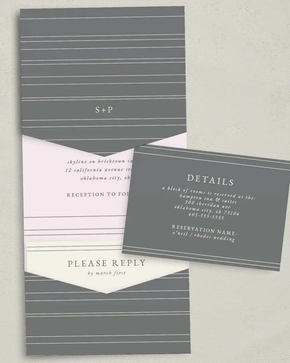 This is a 5¼" x 7¼" Folded Pocket Wedding Invitation called Harmonious Stripes printed in full color with Gold foil on Luxe Satin (coated) paper