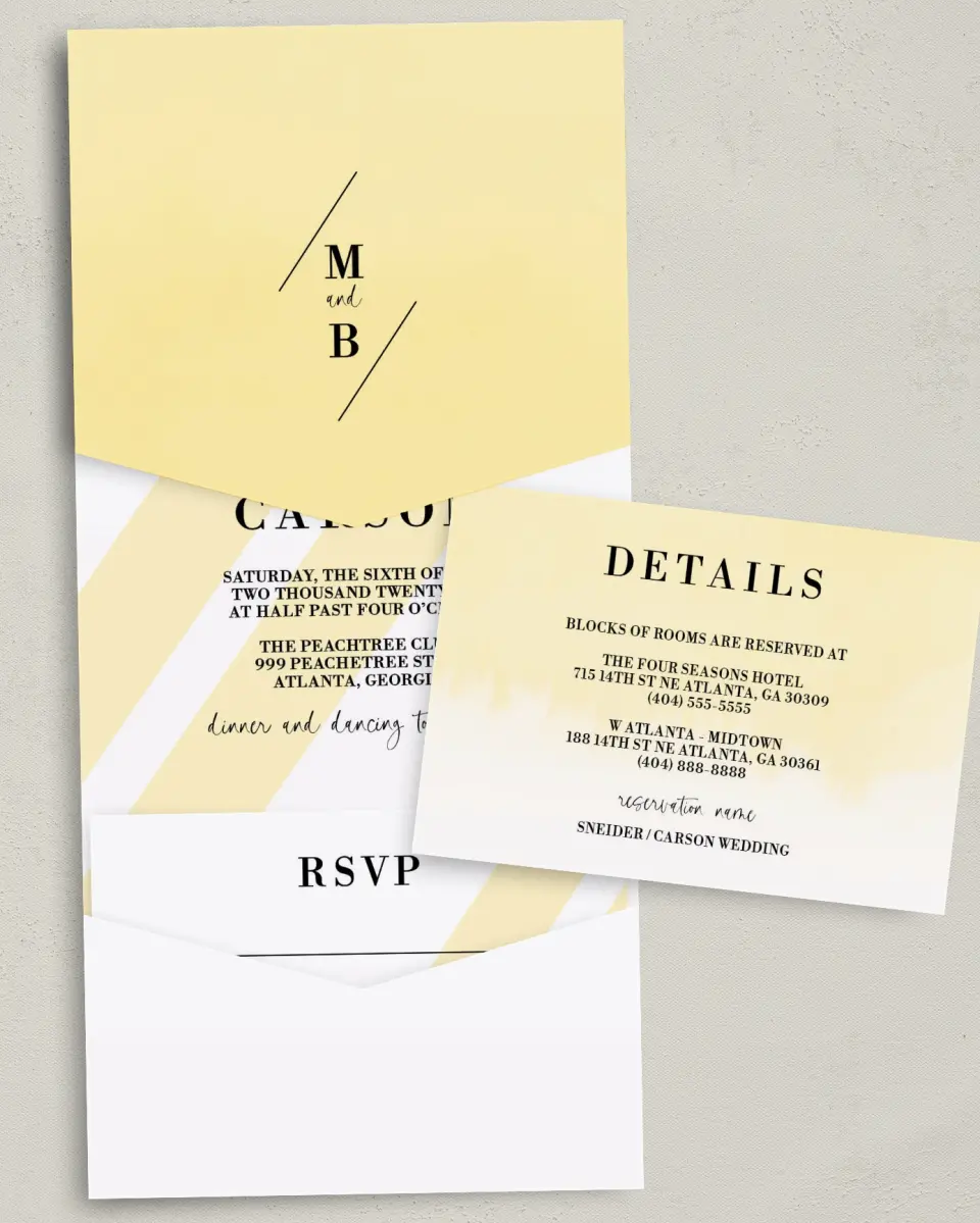 This is a 5¼" x 7¼" Folded Pocket Wedding Invitation called Cascading Light printed in full color with Gold foil on Luxe Satin (coated) paper