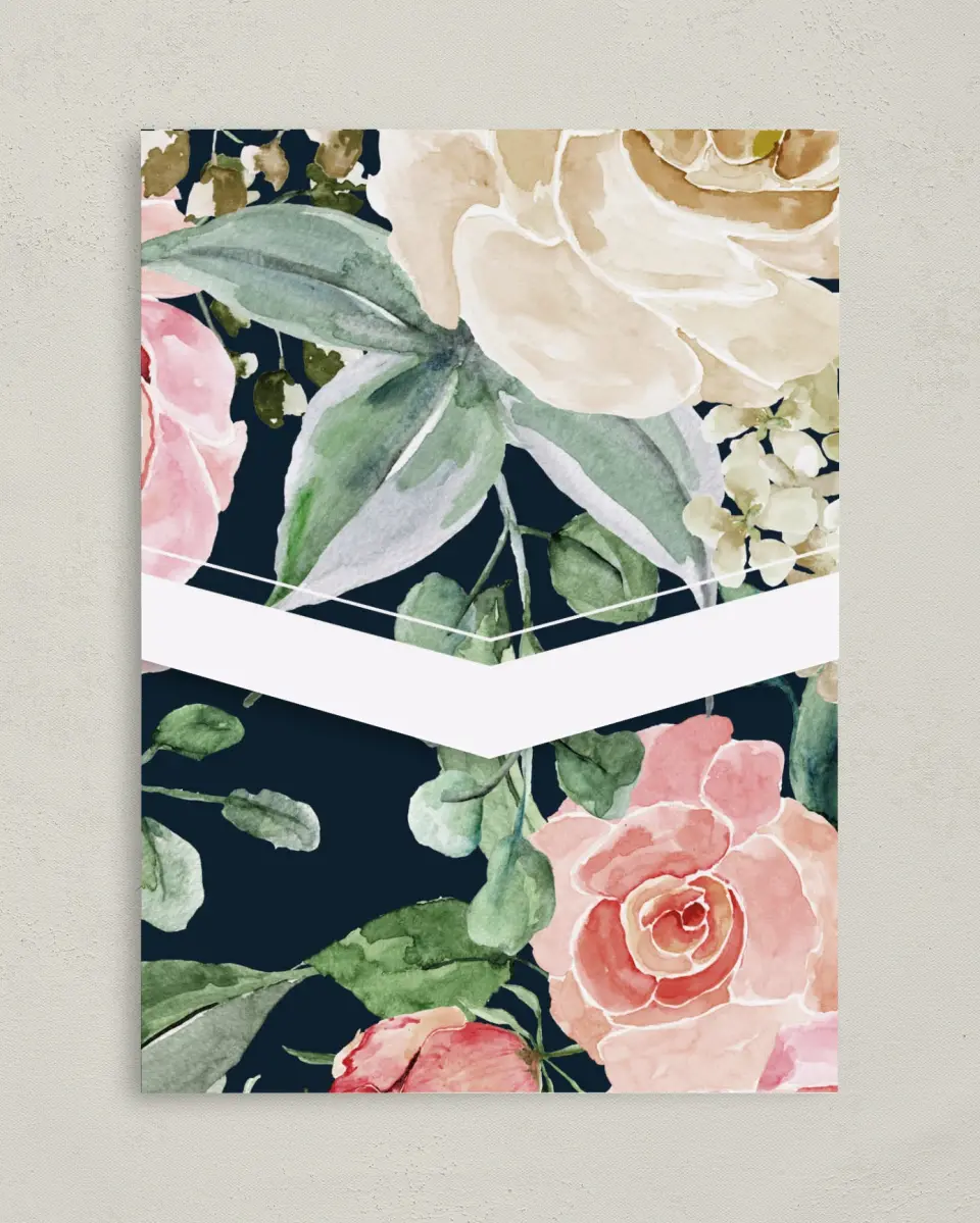 This is a 5¼" x 7¼" Folded Pocket Wedding Invitation called Garden Dream printed in full color on Premium Smooth paper
