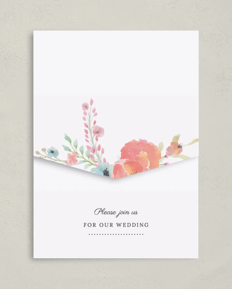 This is a 5¼" x 7¼" Folded Pocket Wedding Invitation called Joyful Medley printed in full color on Premium Smooth paper
