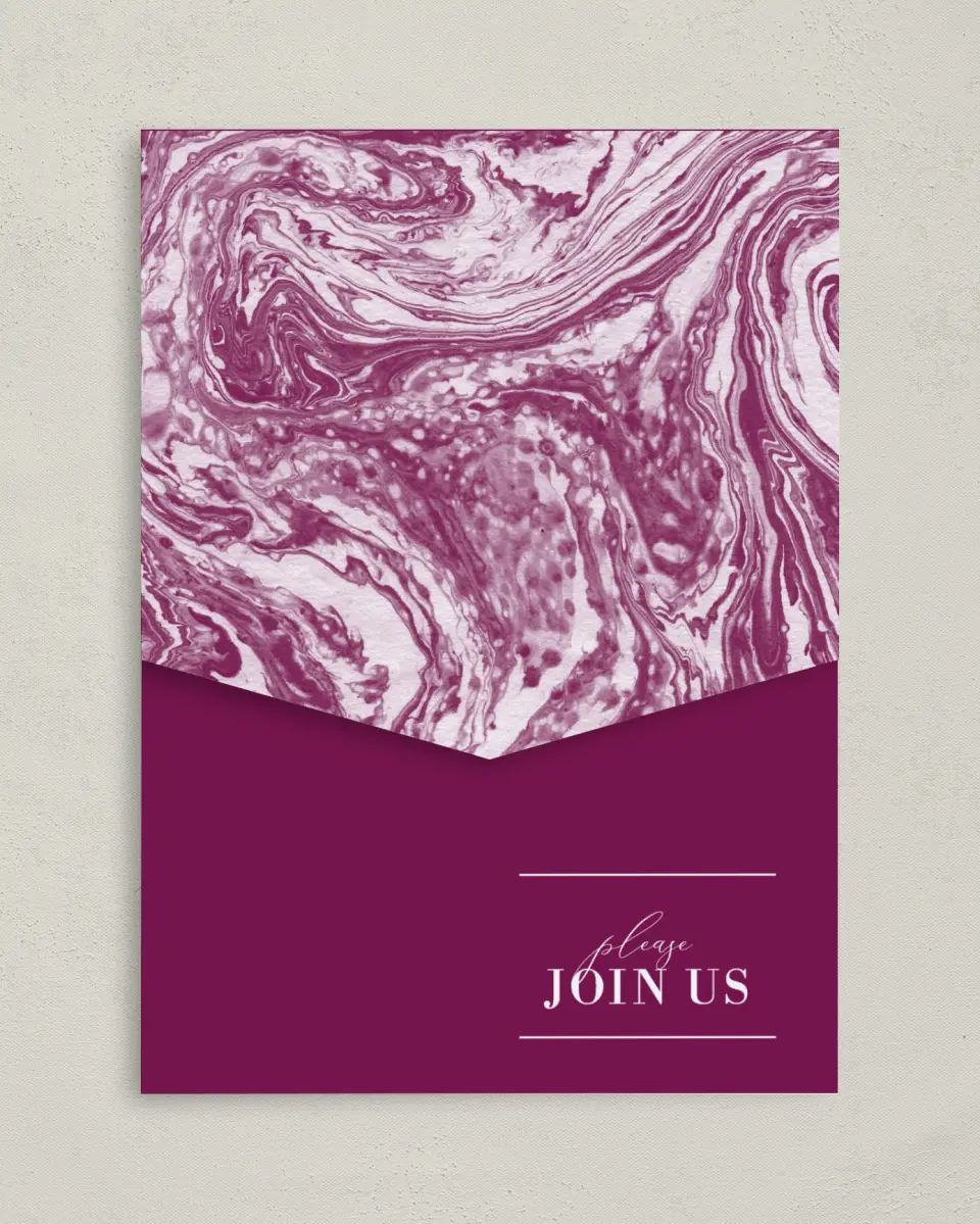 This is a 5¼" x 7¼" Folded Pocket Wedding Invitation called Marble Mystique printed in full color on Premium Smooth paper