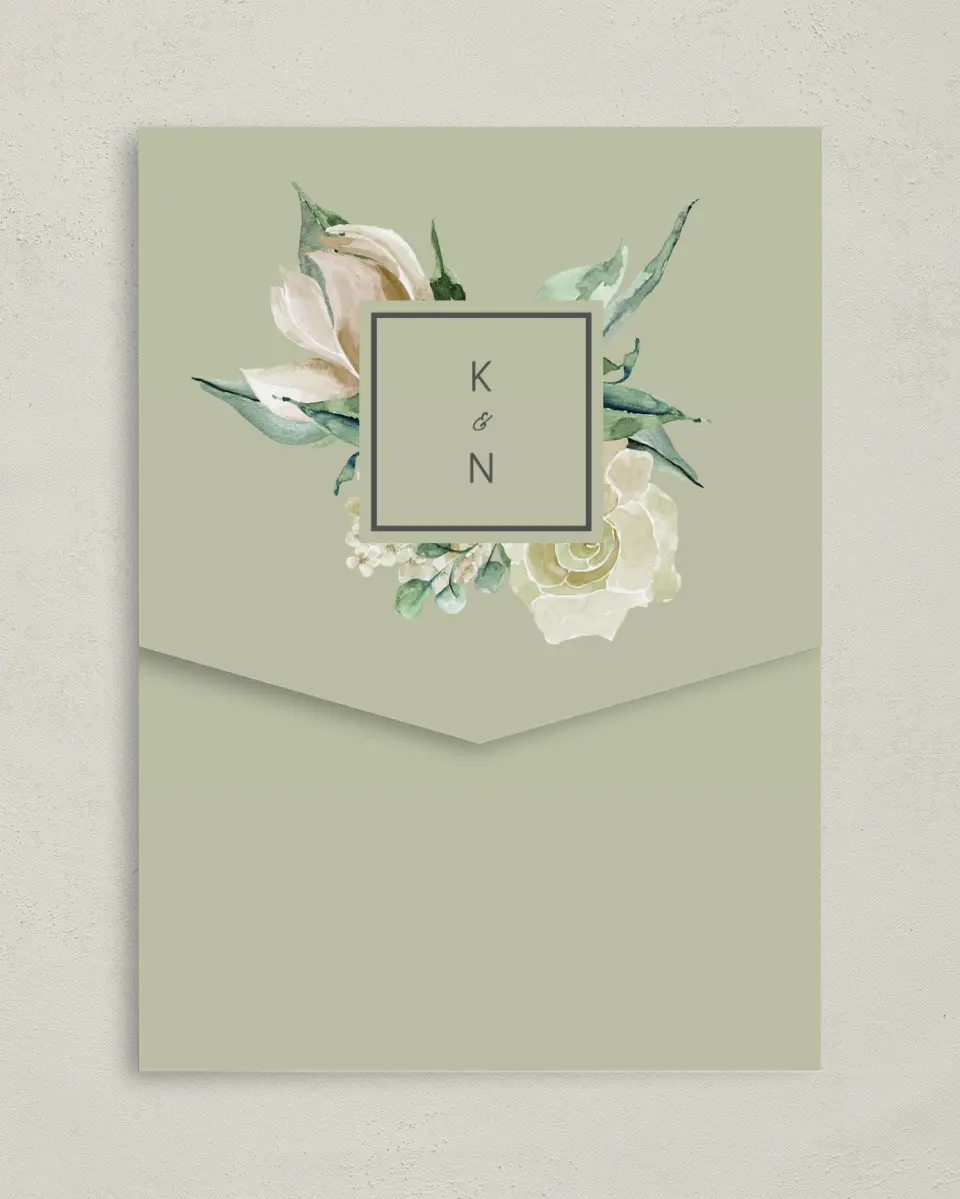 This is a 5¼" x 7¼" Folded Pocket Wedding Invitation called Divine Romance printed in full color on Premium Smooth paper