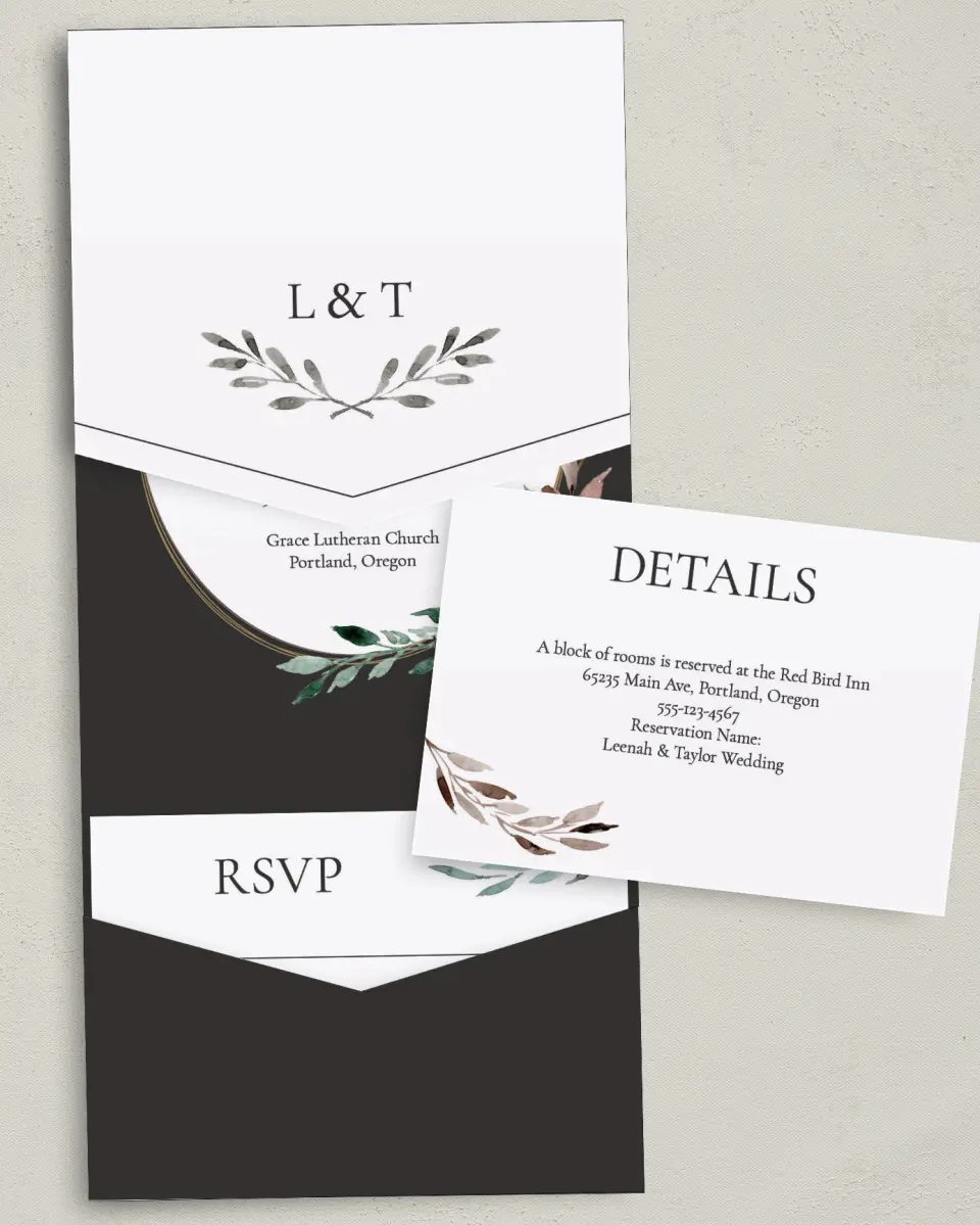 This is a 5¼" x 7¼" Folded Pocket Wedding Invitation called Eternal Autumn printed in full color on Premium Smooth paper