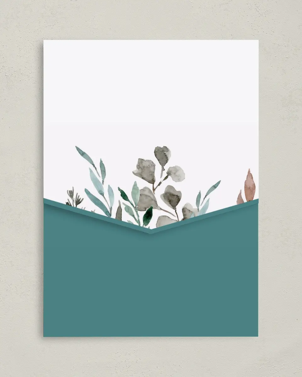 This is a 5¼" x 7¼" Folded Pocket Wedding Invitation called Blissfully Fall printed in full color on Premium Smooth paper