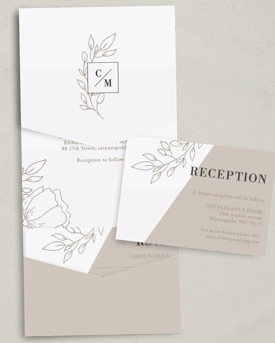 This is a 5¼" x 7¼" Folded Pocket Wedding Invitation called Delicate Splendor printed in full color on Premium Smooth paper