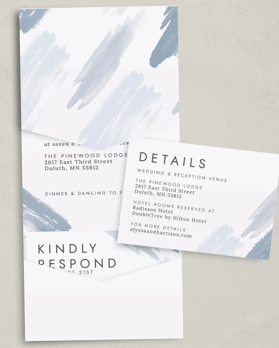 This is a 5¼" x 7¼" Folded Pocket Wedding Invitation called Ethereal Swaths printed in full color with Gold foil on Luxe Satin (coated) paper